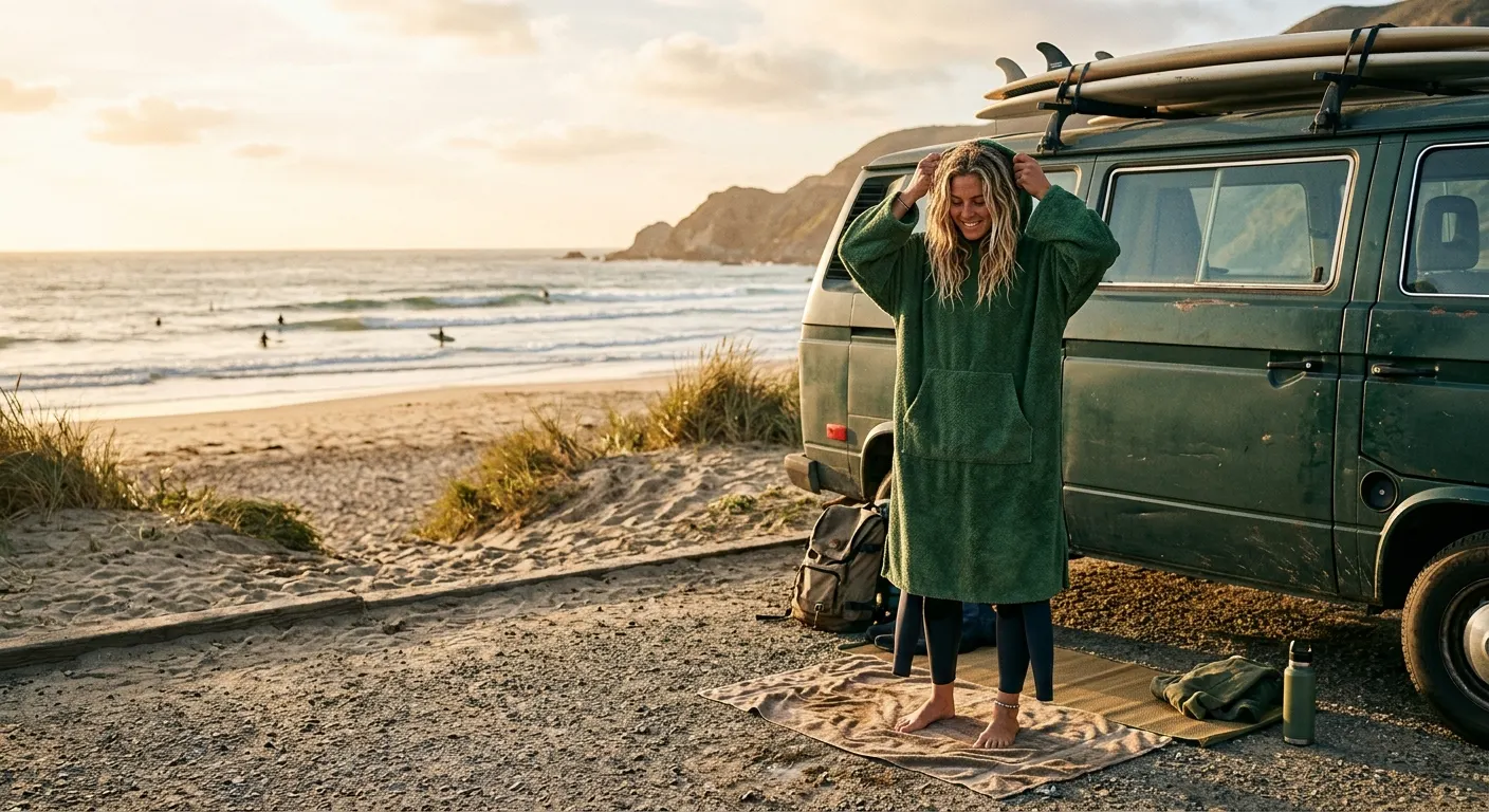 Changing robe hanging open from a wire line above a shoreline changing area, hood billowing in a salt wind, grey overcast coastal sky behind, cold water surf break visible below