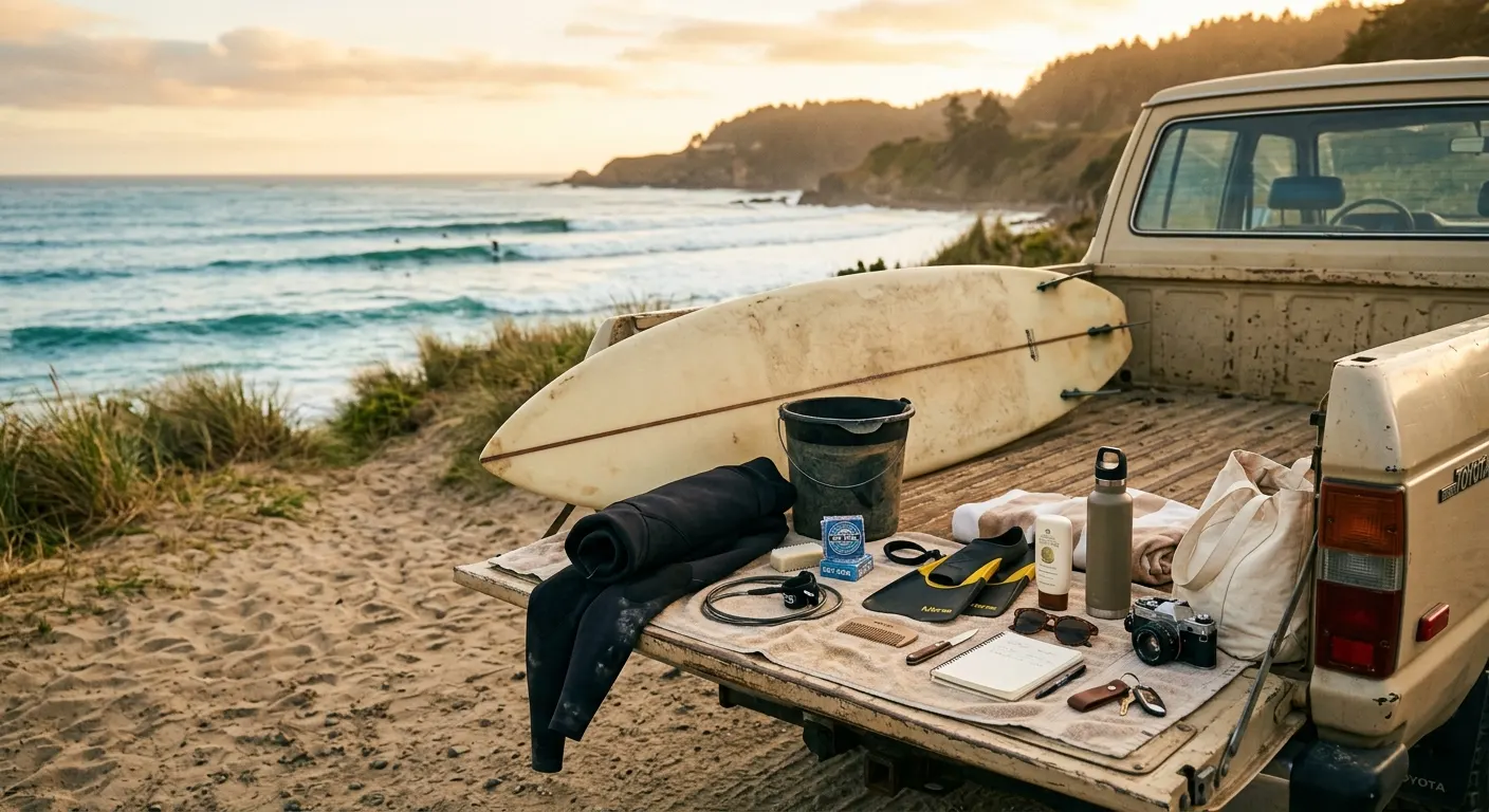 Surfboard travel bag, leash, wax bars, and wetsuit care kit laid out on a wooden floor ready for packing before a surf trip, warm amber side light, clean flat-lay composition