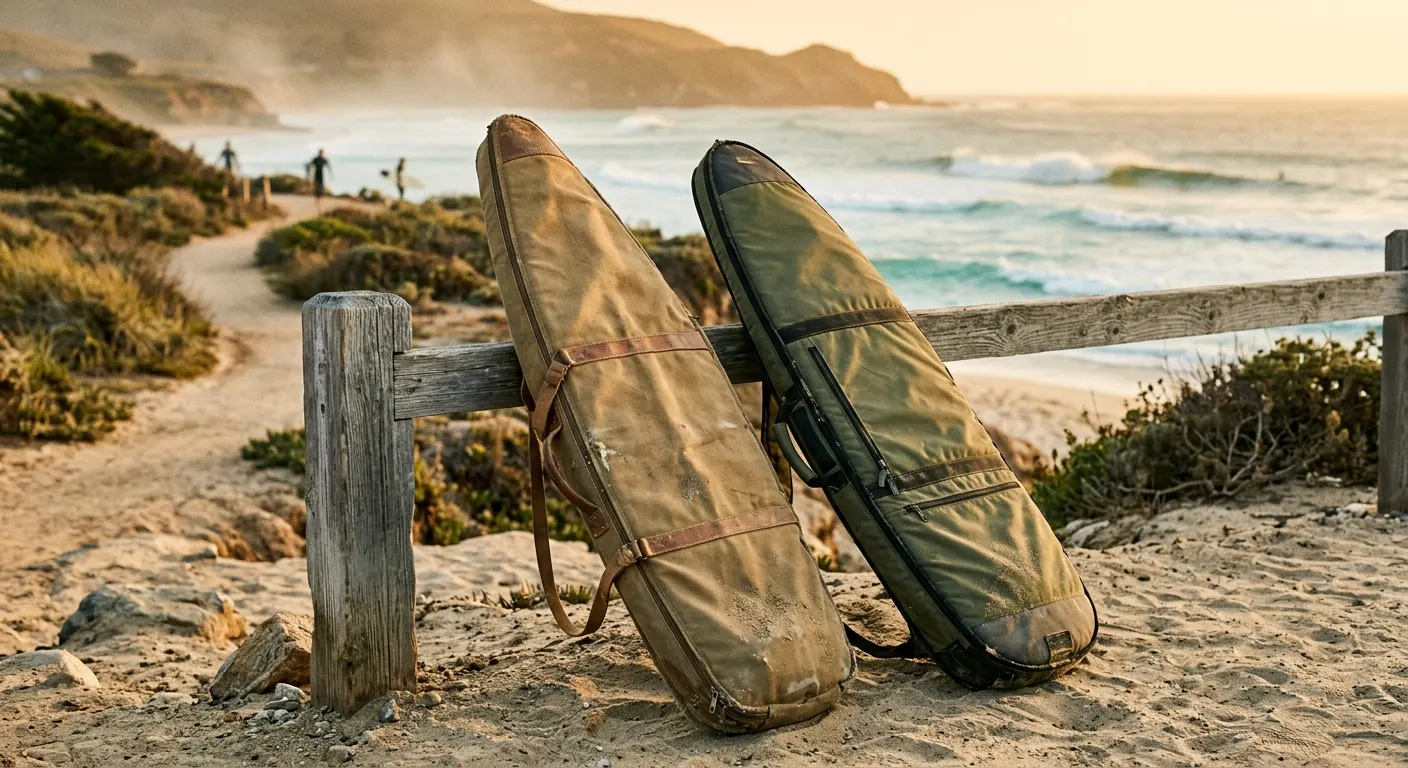 Surfboard travel bag open in the back of an estate car, board nose visible inside the padded foam lining, car boot at a coastal car park with ocean in the distance, warm daylight